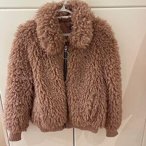 Dusty pink faux shaggy shearling bomber jacket coat ZARA oversized XS